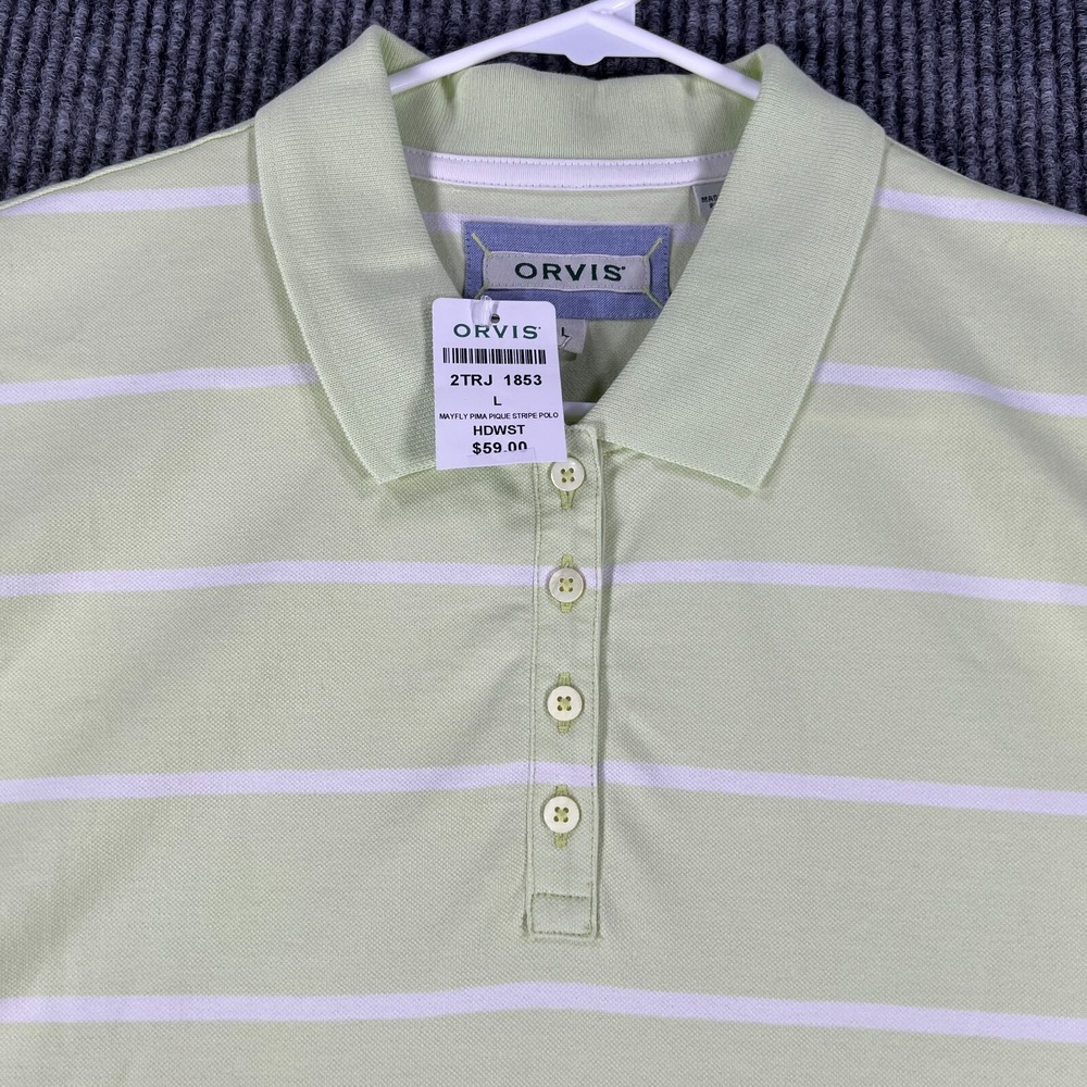 Orvis Womens Shirt Polo Large Yellow Pima Pique Striped Short Sleeve New NWT